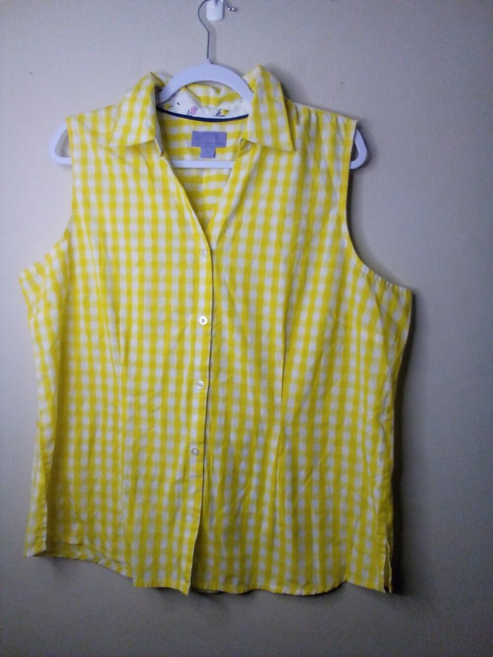 Laura Scott Blouse Women XL Sleeveless Button Up Gingham Plaid Yellow